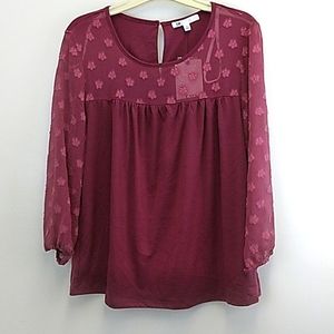 Daniel Rain DR2 Top Pullover Floral Applique Sheer Neckline &‎ Sheer Sleeves